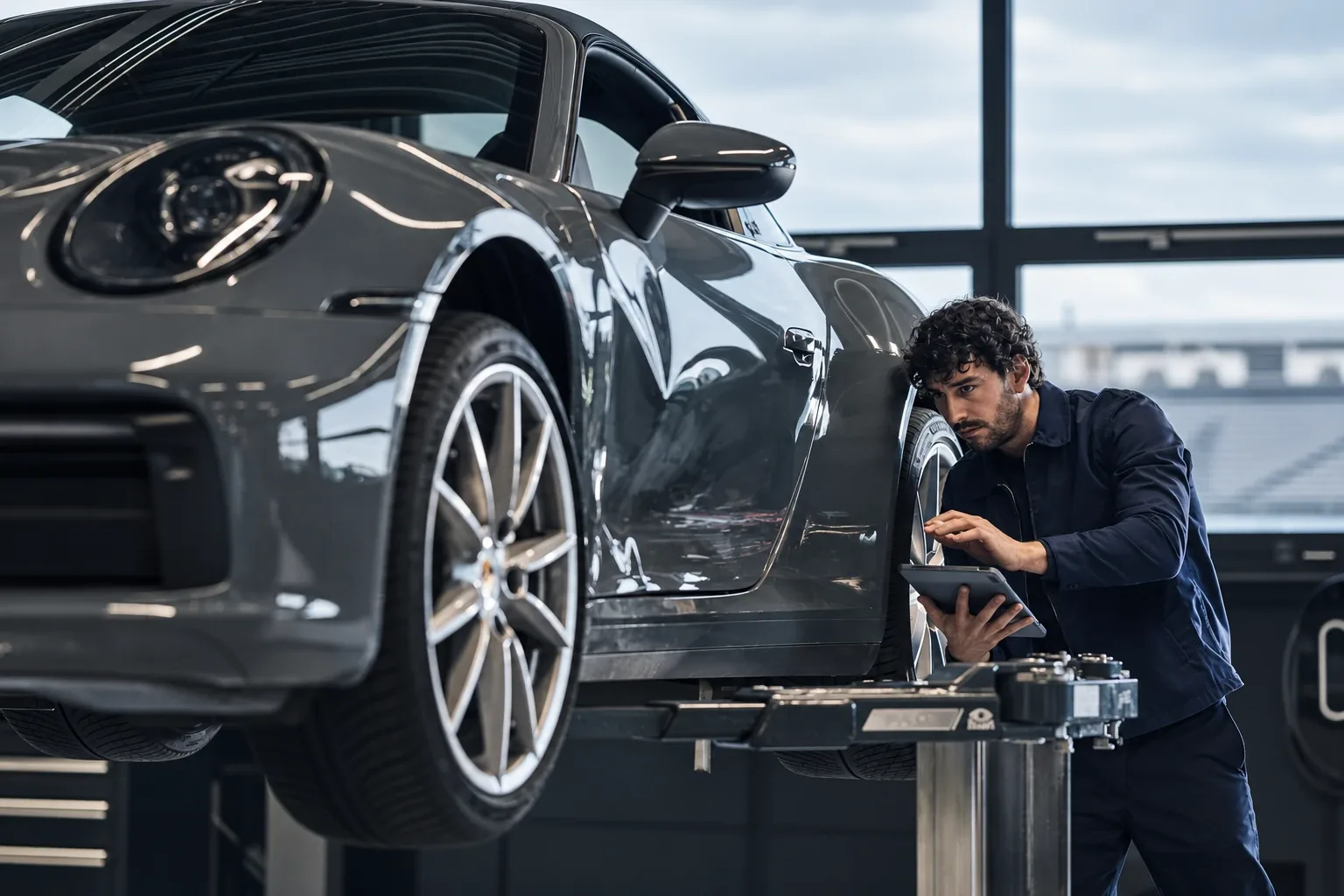 Техник проверява Porsche 911 на подемник с таблет